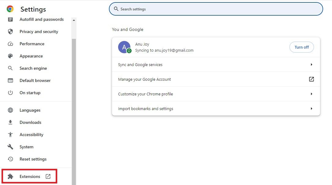 Captura de tela destacando ‘Extensões’ no menu Configurações do Google Chrome