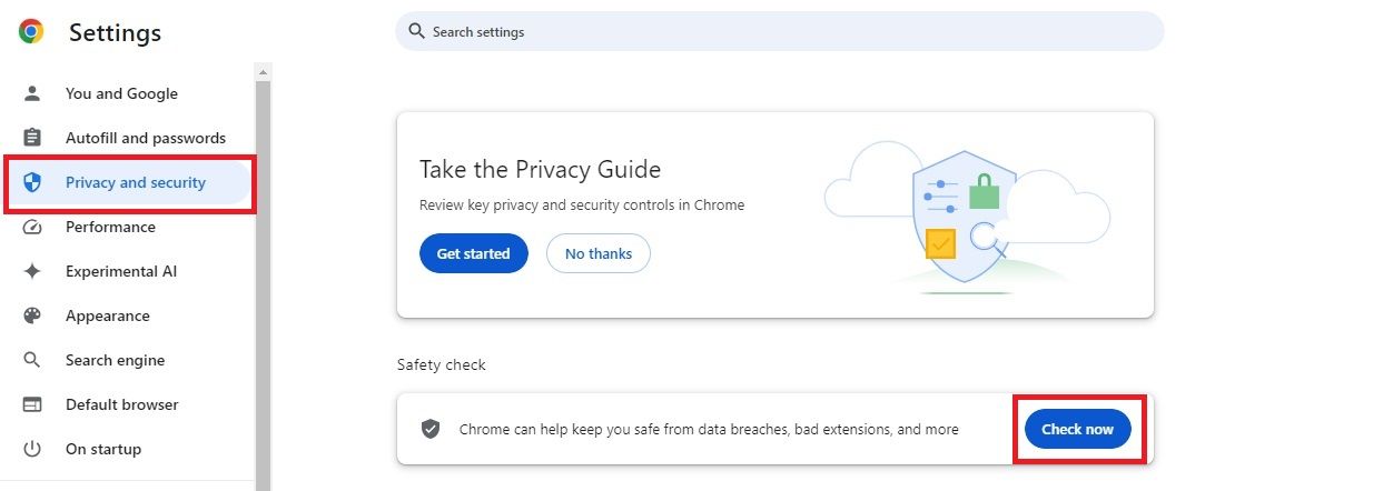 Captura de tela destacando 'Verificar agora' na seção Verificação de segurança no Google Chrome