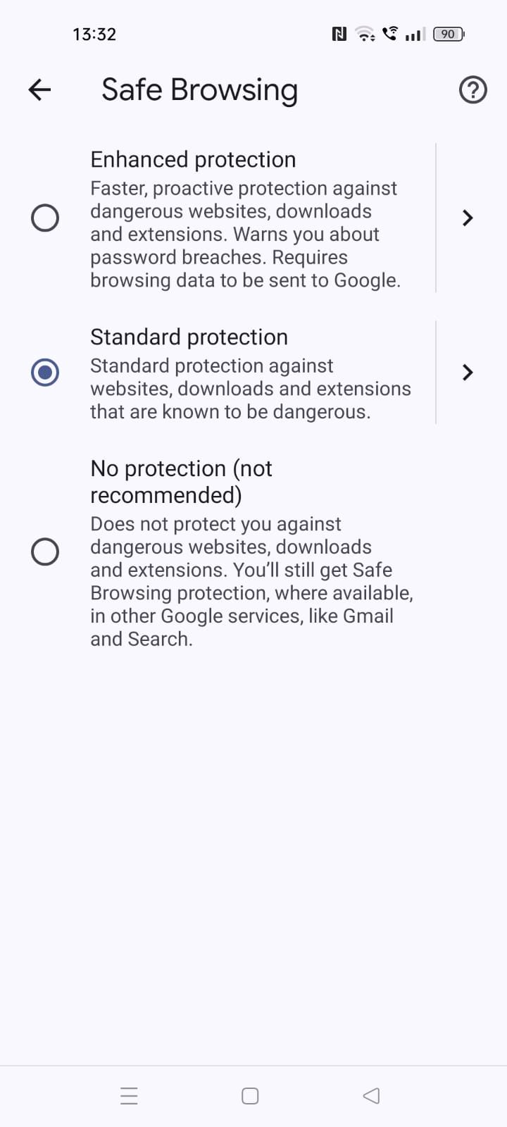 Captura de tela mostrando as opções de Navegação segura no aplicativo Chrome para dispositivos móveis