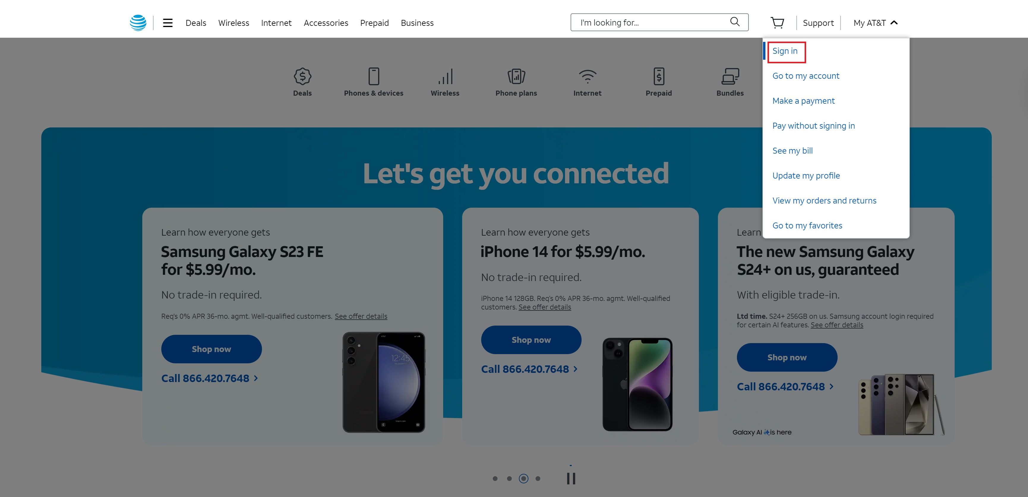 Captura de tela do site da AT&T mostrando a opção Entrar