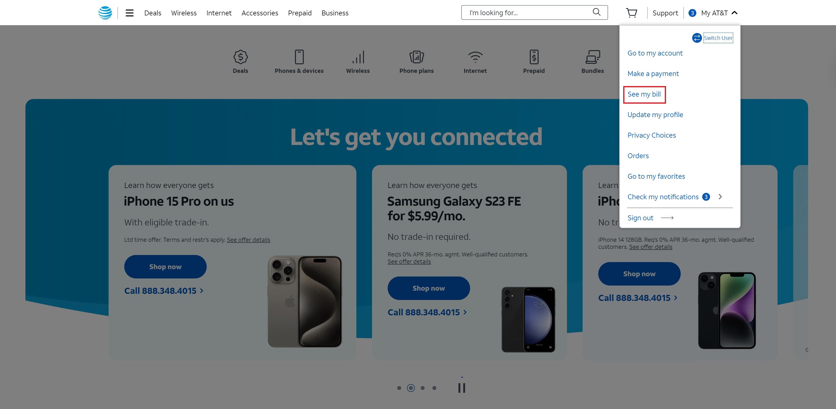 Captura de tela da opção Ver minha fatura no site da AT&T