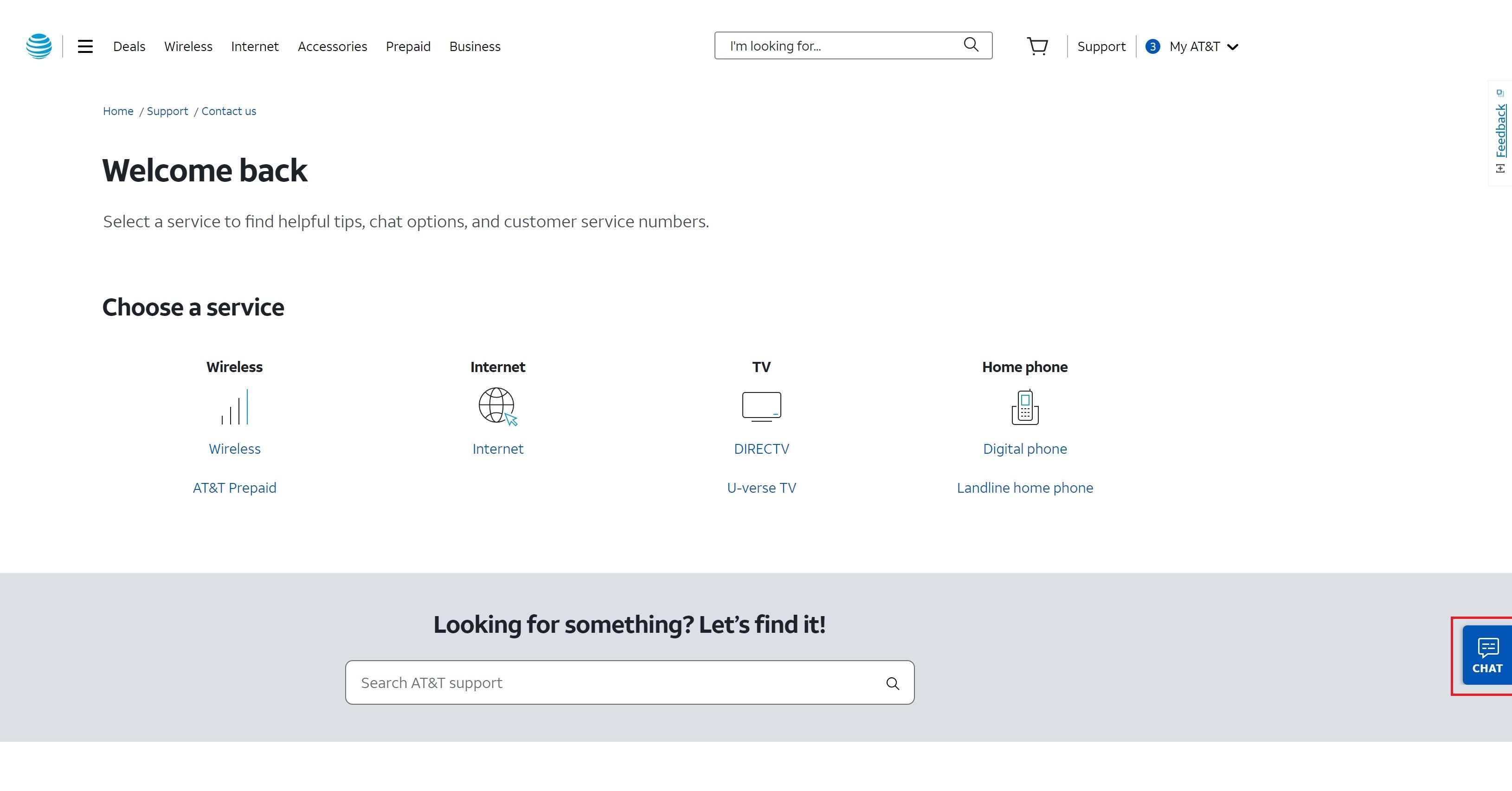 Captura de tela da página de atendimento ao cliente da AT&T com o ícone de bate-papo destacado