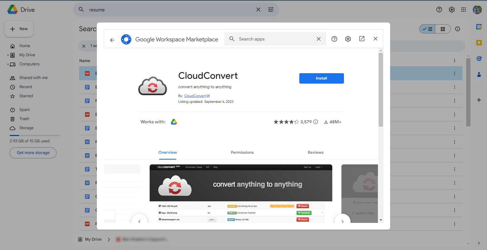 uma captura de tela do Google Workspace Marketplace com uma janela sobreposta apresentando o aplicativo CloudConvert.  A janela destaca o título do aplicativo, "converter qualquer coisa em qualquer coisa," junto com um azul "Instalar" botão