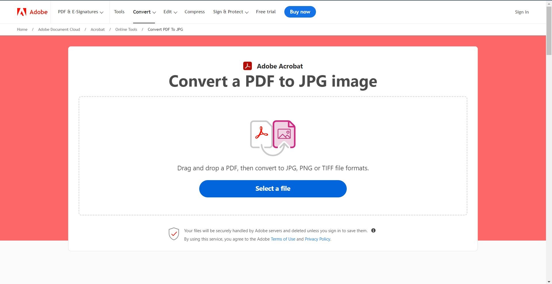 a interface da ferramenta online Adobe Acrobat para converter um PDF em uma imagem JPG.