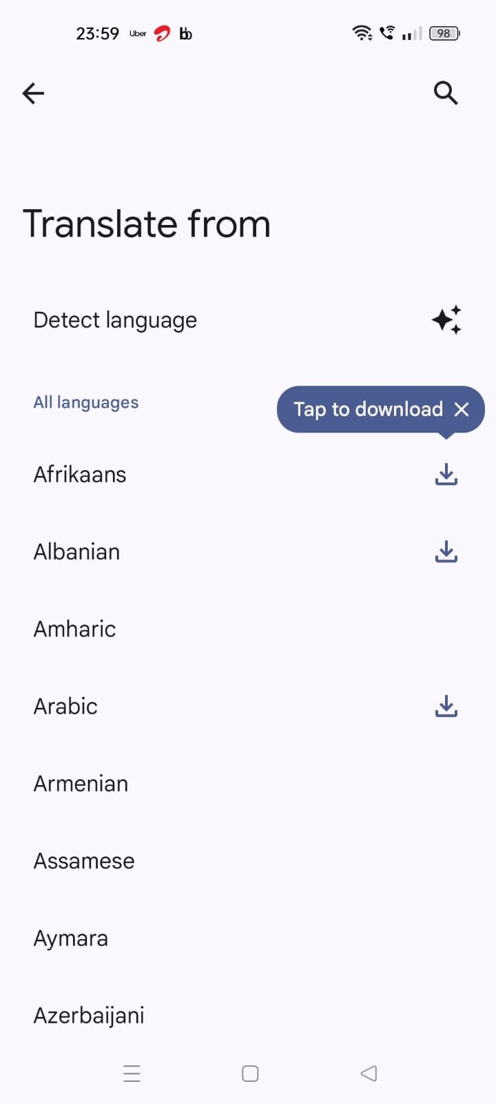 Captura de tela mostrando os idiomas disponíveis no app Google Tradutor