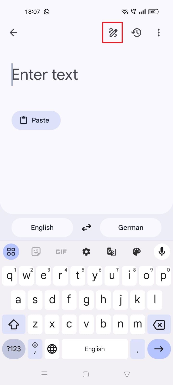 Captura de tela destacando o ícone da caneta no aplicativo Google Tradutor
