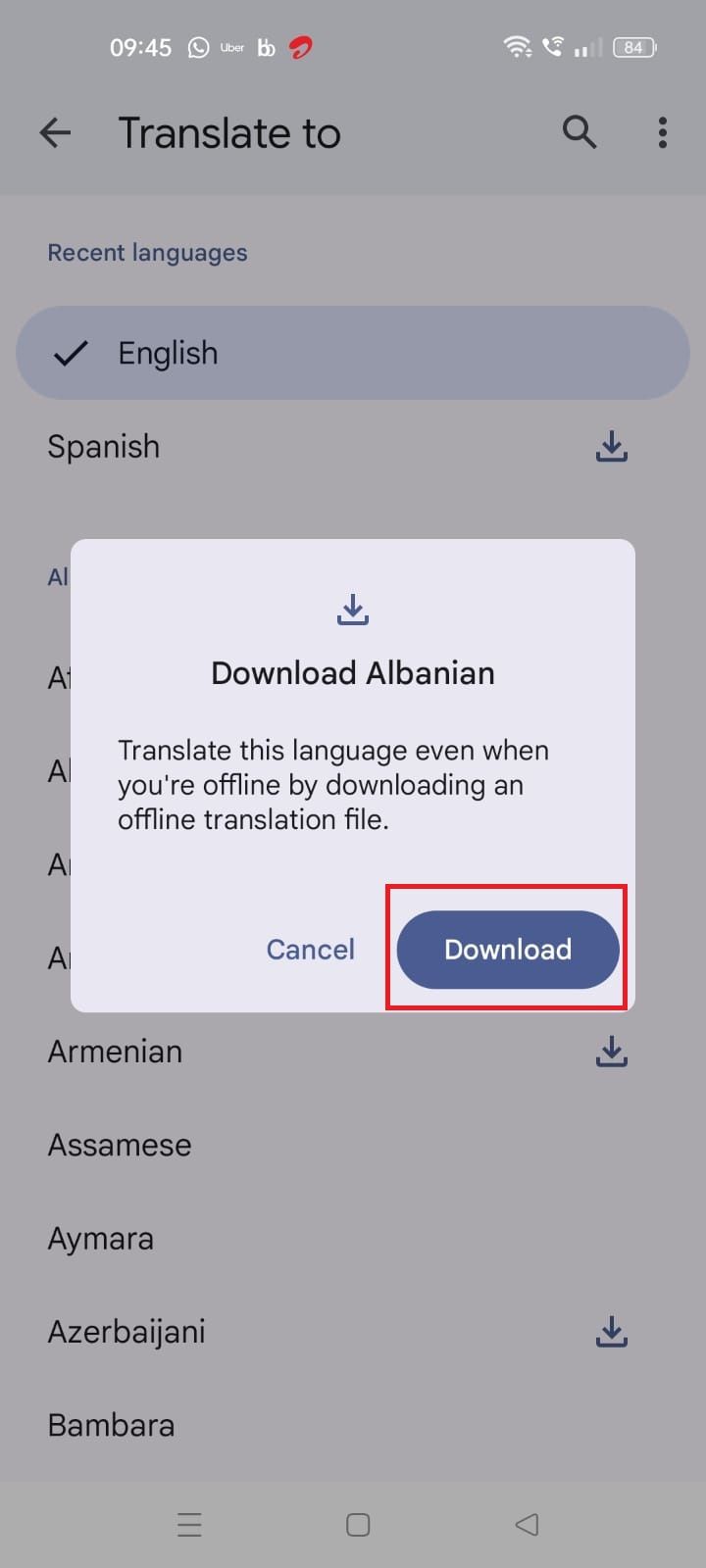 Captura de tela destacando a opção ‘Download’ no aplicativo Google Tradutor