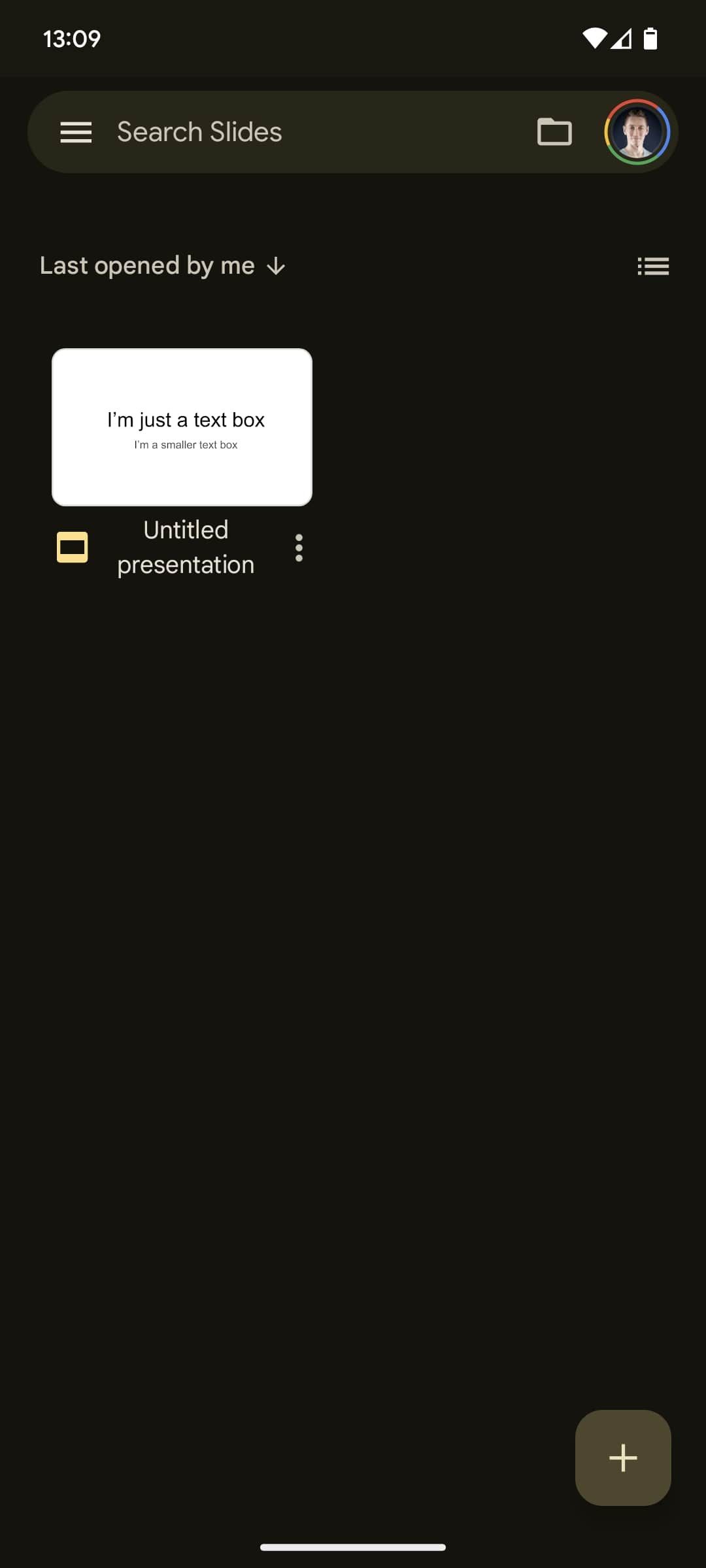 Tela de apresentações do Apresentações Google no aplicativo Android