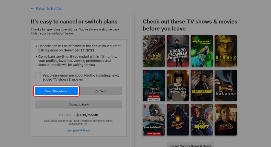Netflix confirma cancelamento no navegador destacando o botão Concluir cancelamento