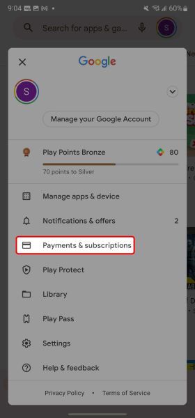 Menu de perfil do Google Play destacando a opção Pagamentos e assinaturas