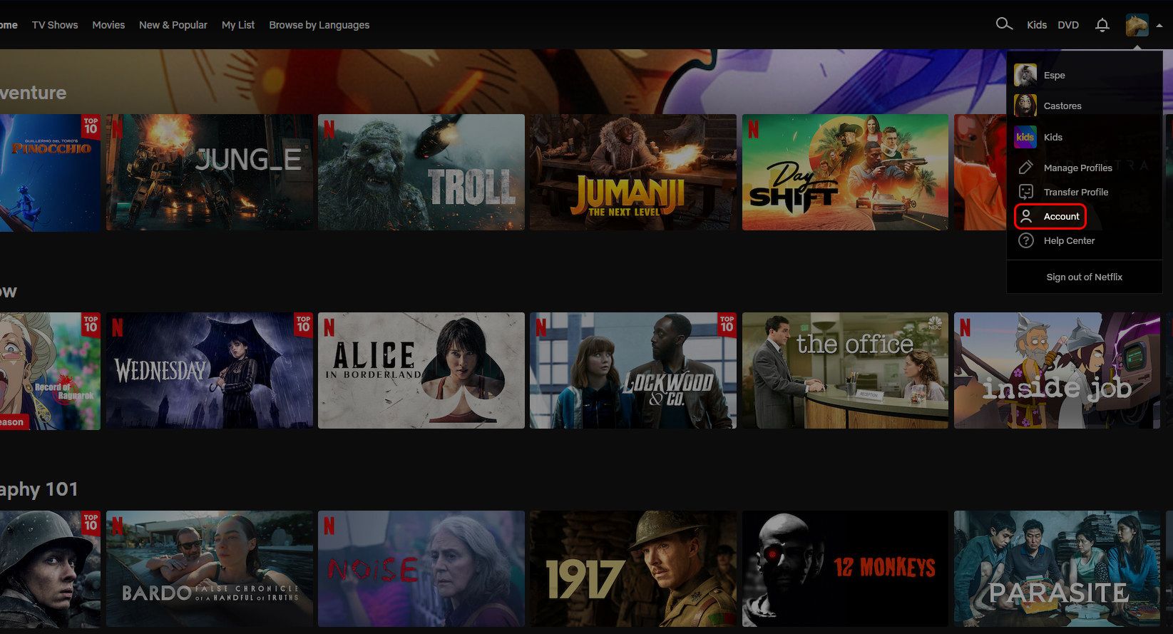 Menu de perfil da tela inicial do navegador Netflix destacando a opção Conta