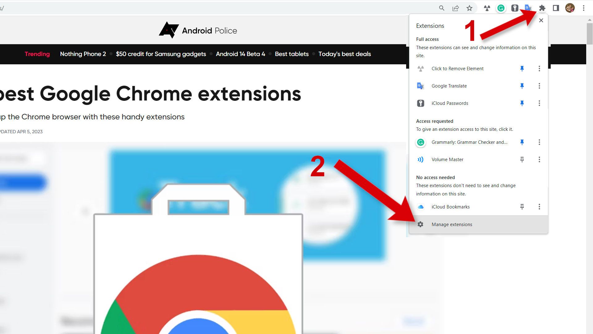 Uma captura de tela de um navegador Chrome com setas apontando para a opção de gerenciamento de extensões da barra de ferramentas