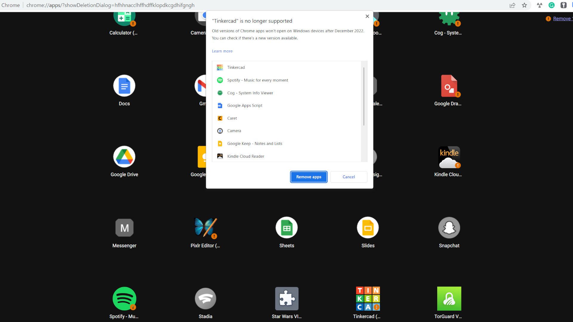 Uma captura de tela de um navegador Chrome mostrando aplicativos do Chrome incompatíveis