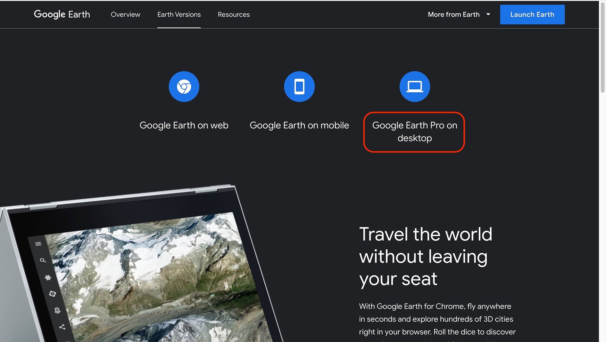 Captura de tela mostrando como fazer download do aplicativo Google Earth Pro para computador