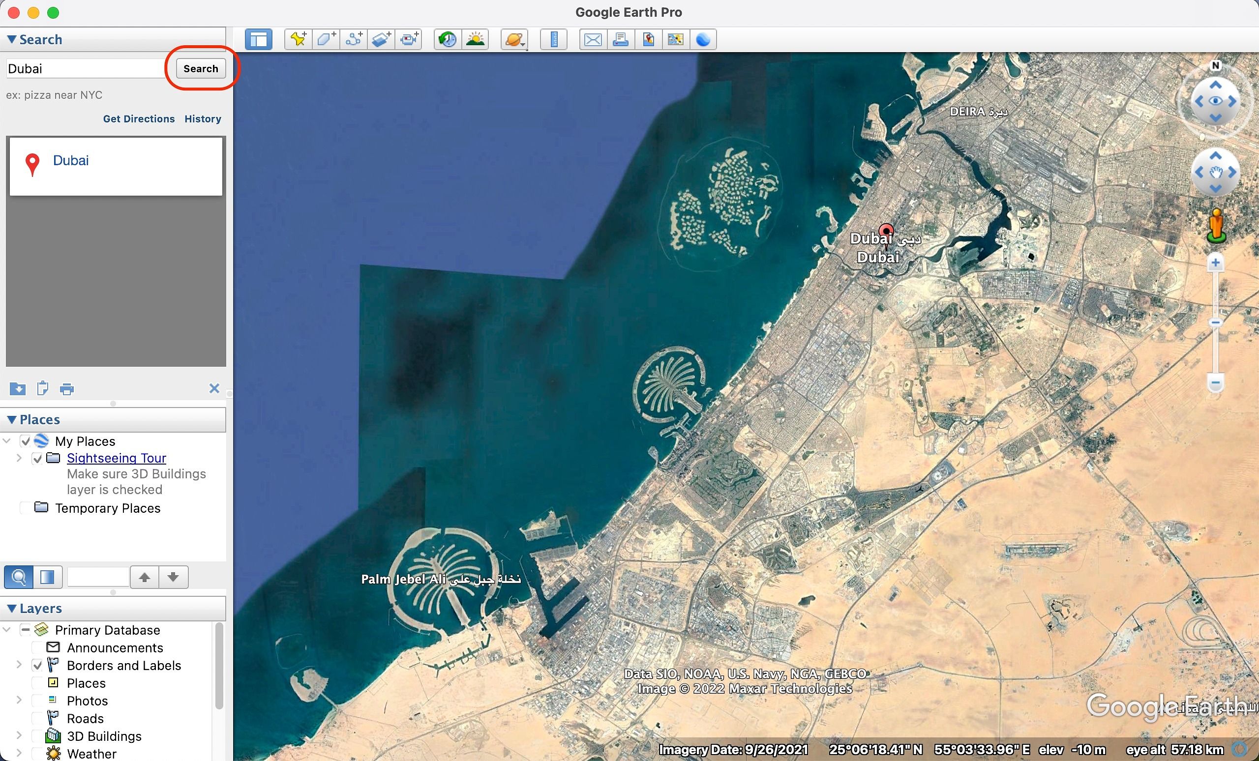 Captura de tela mostrando um exemplo de imagem de como você pesquisa Dubai no Google Earth Pro