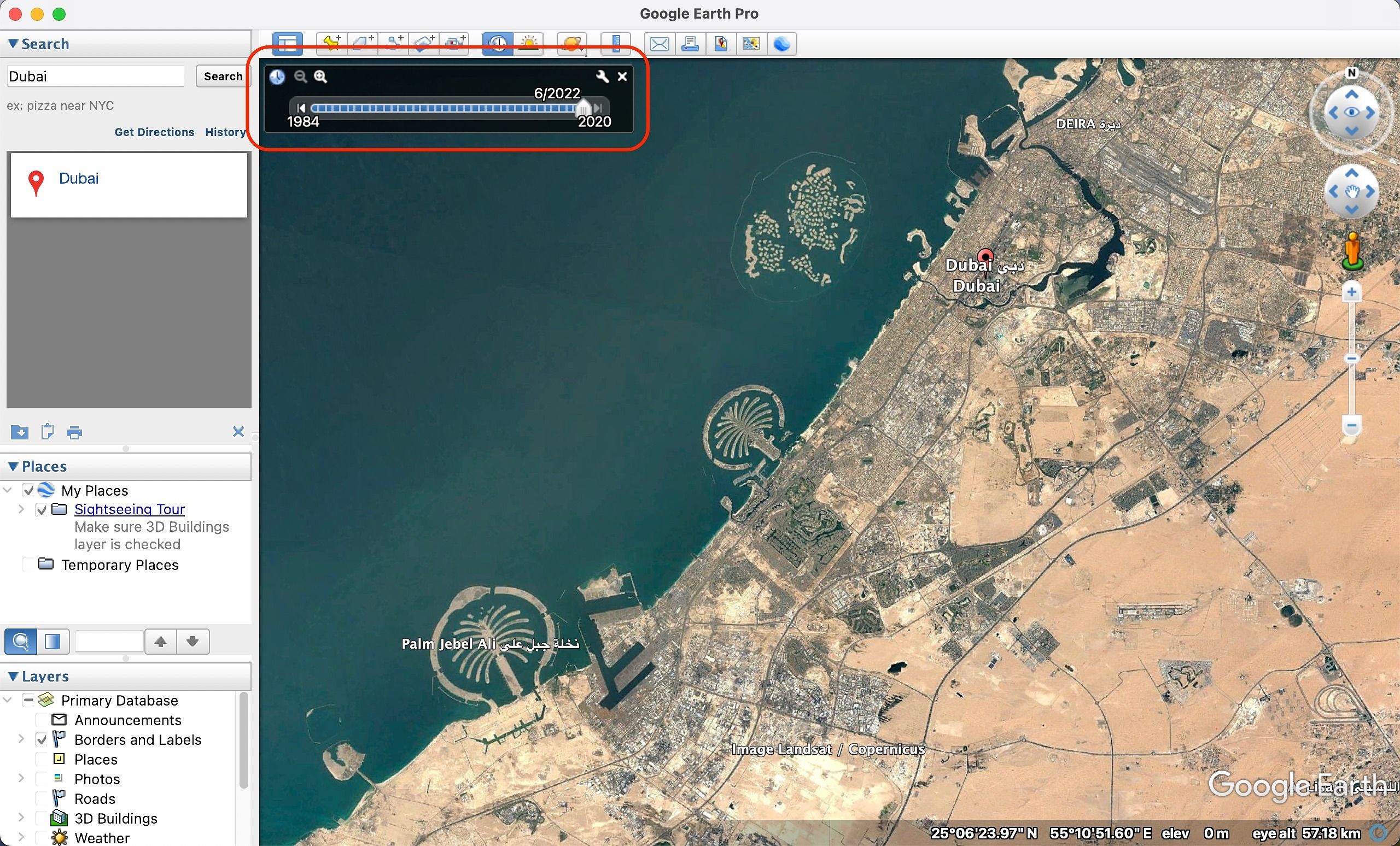Captura de tela mostrando a barra deslizante ajustável para o intervalo de tempo de um local no Google Earth Pro