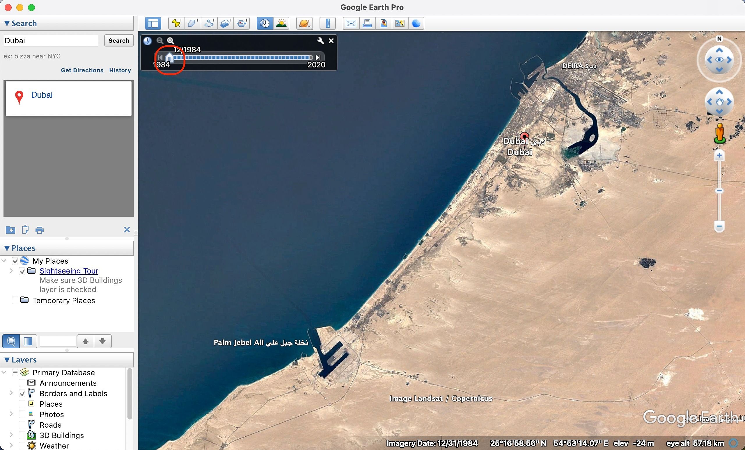 Percorrendo a hora no Google Earth Pro para o local selecionado em Dubai