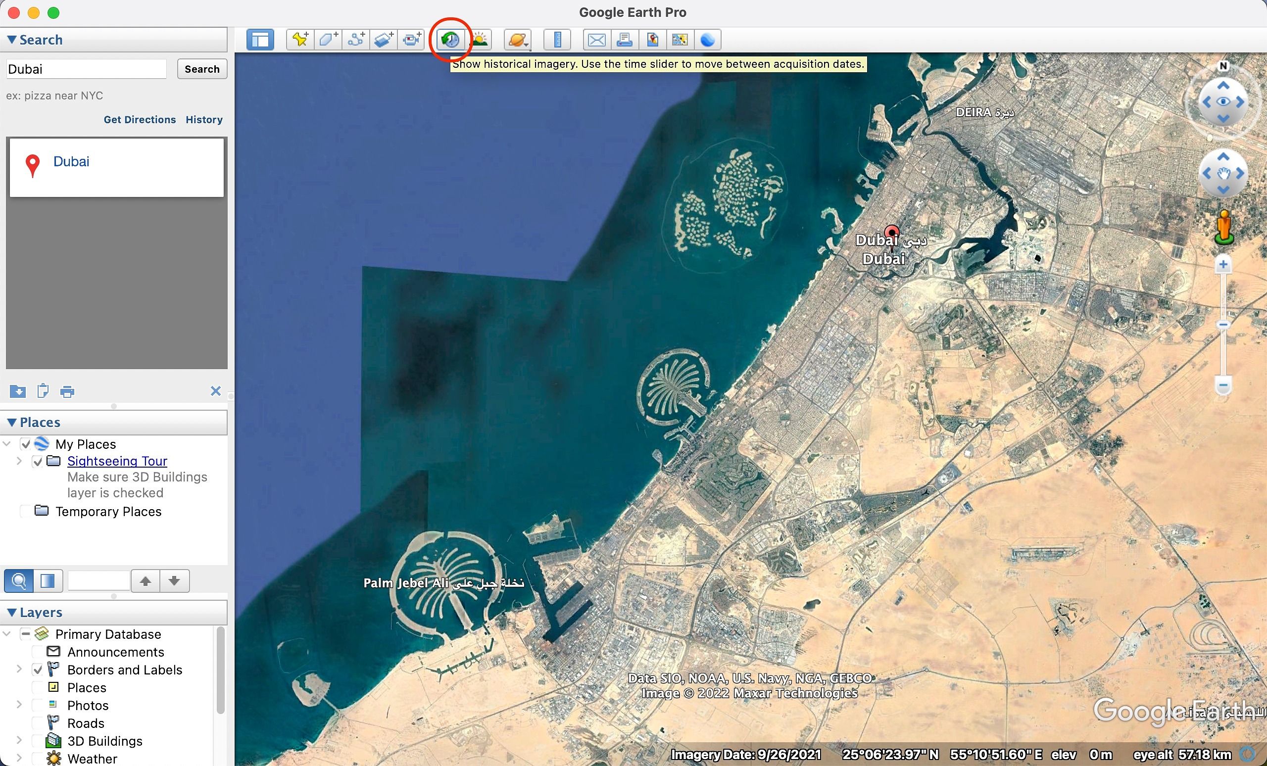Captura de tela mostrando imagens históricas de Dubai no Google Earth Pro