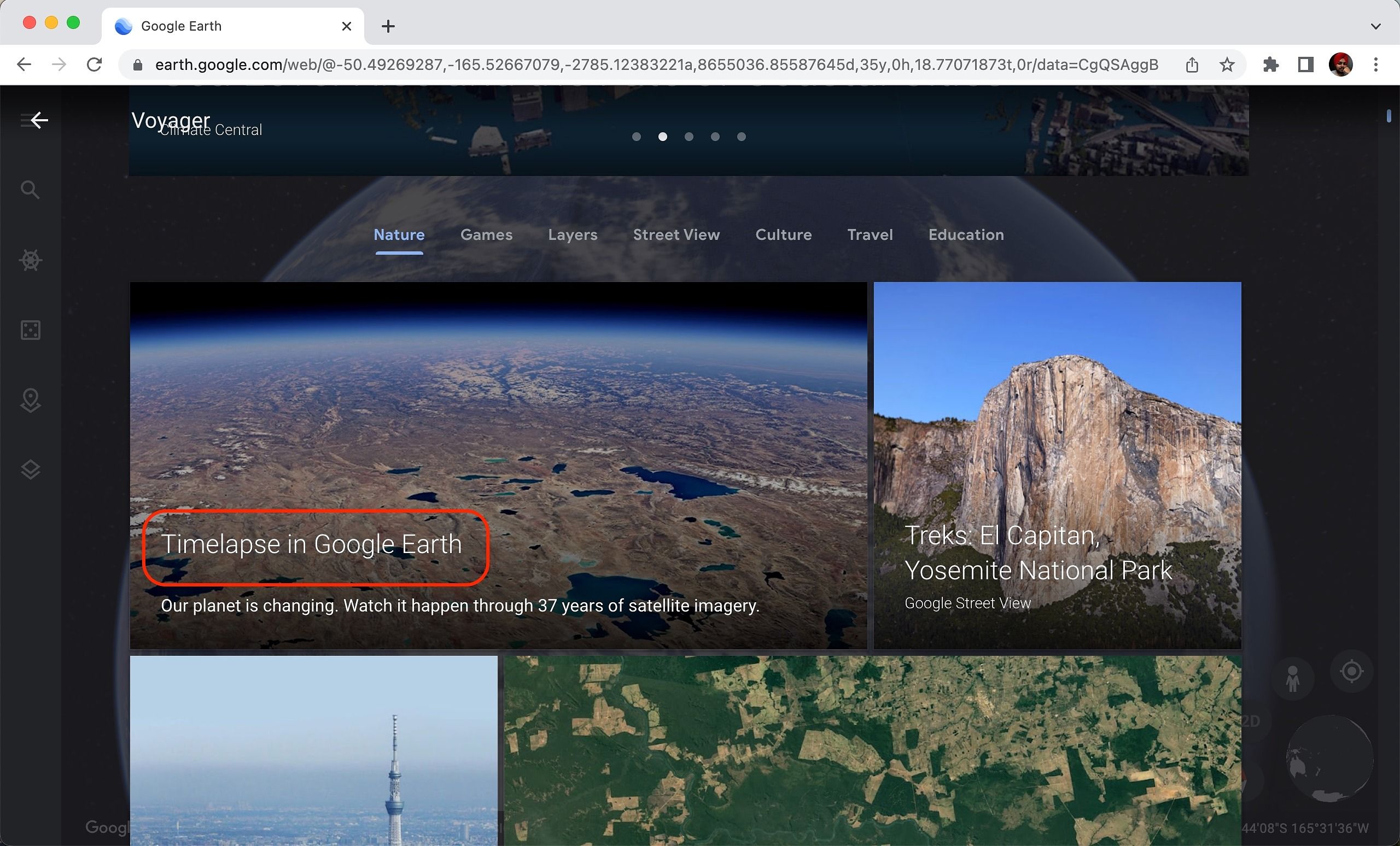 Captura de tela destacando a seção Timelapse no Google Earth para o aplicativo da web do Google Earth