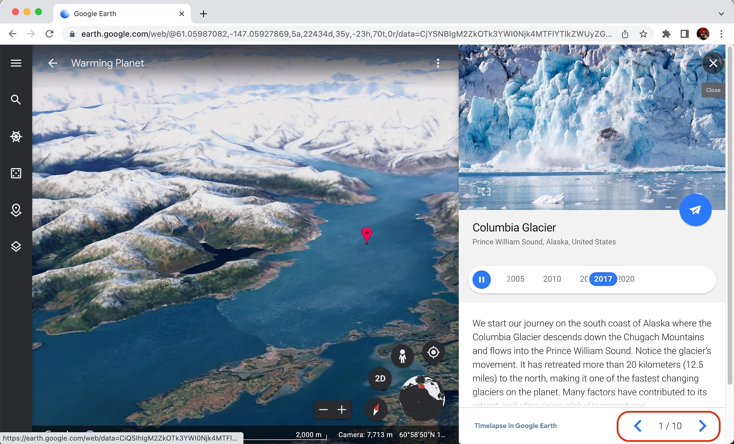 Alternando entre as histórias no Timelapse clicando nas setas no aplicativo da web do Google Earth