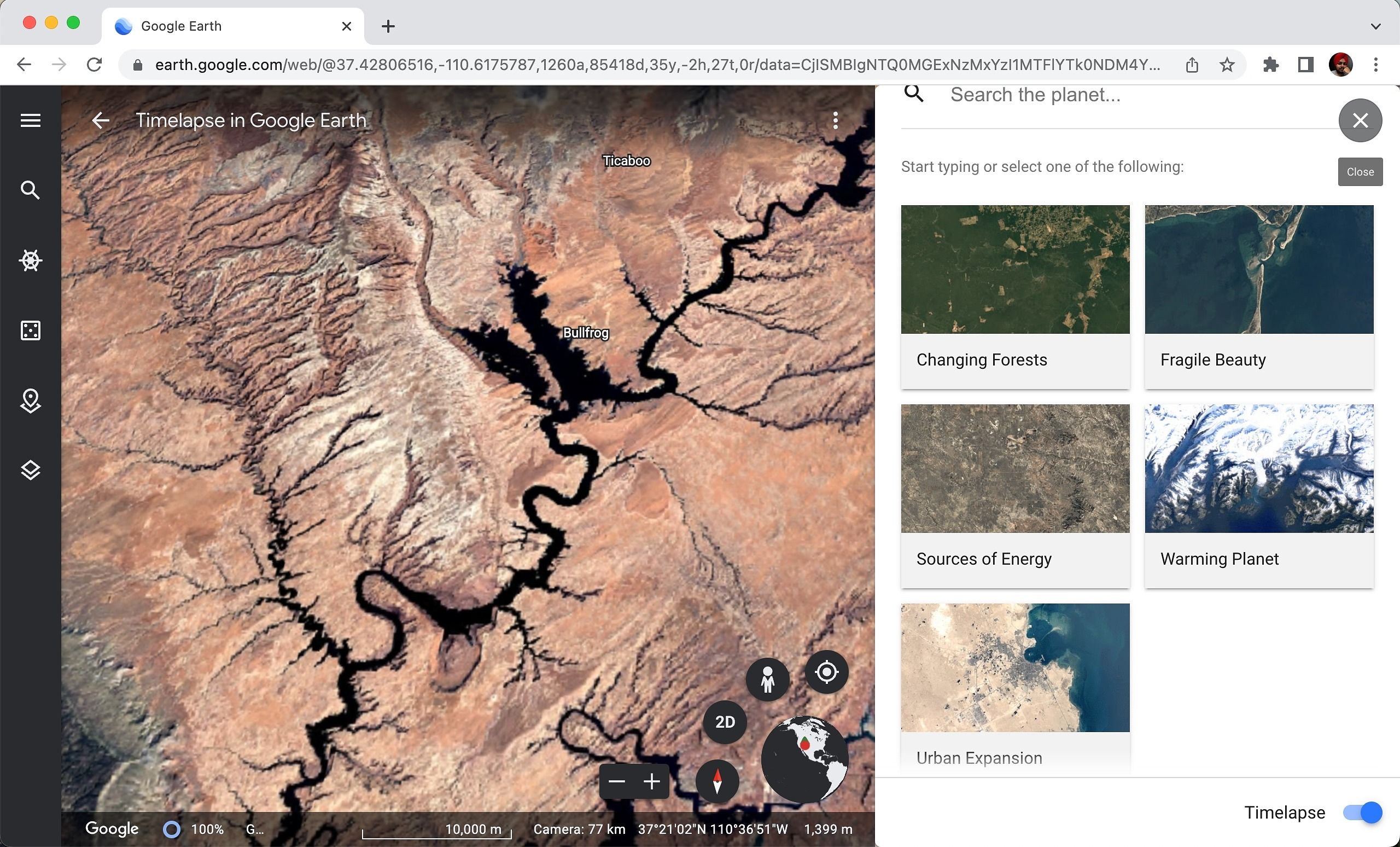 Selecionando uma das histórias selecionadas para Timelapse no aplicativo da web do Google Earth