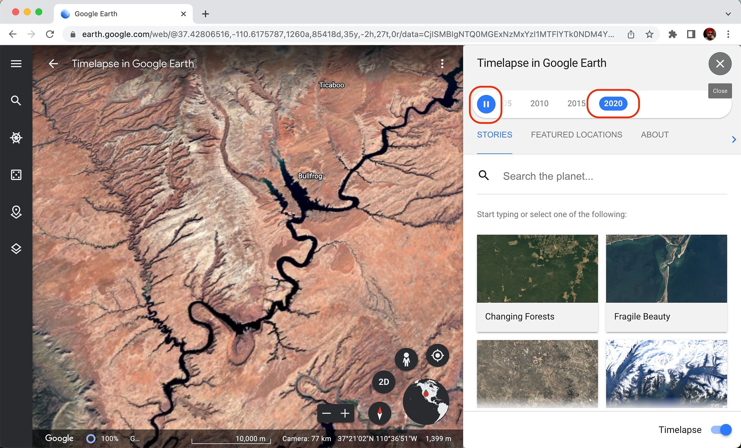Um exemplo da aparência da tela de animação Timelapse do aplicativo da web do Google Earth.