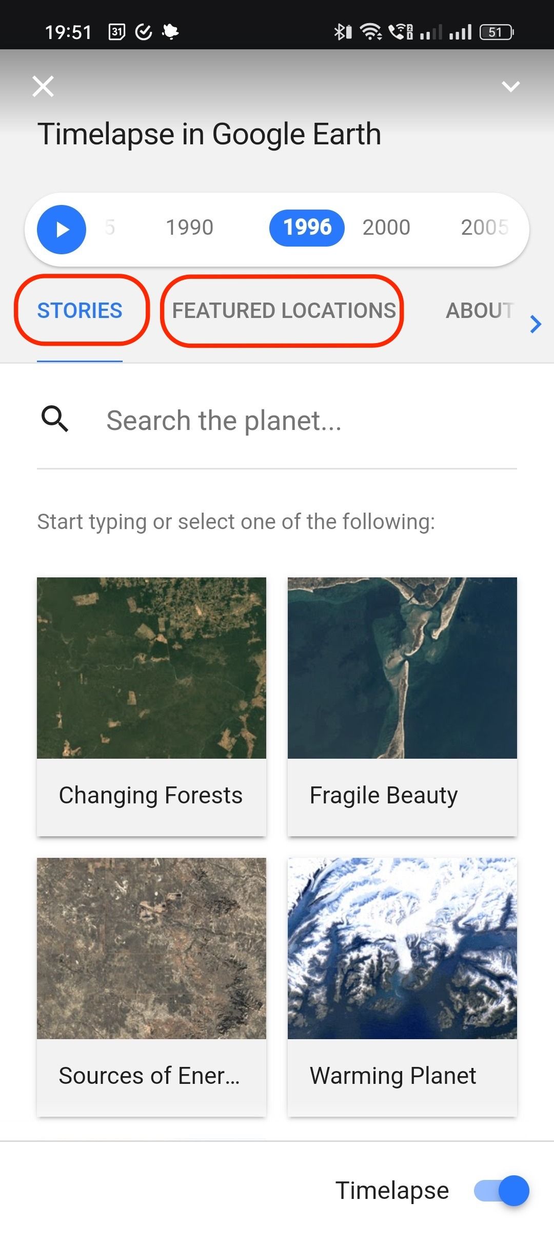 Verificando as seções Histórias e Locais em destaque no aplicativo Google Earth para Android