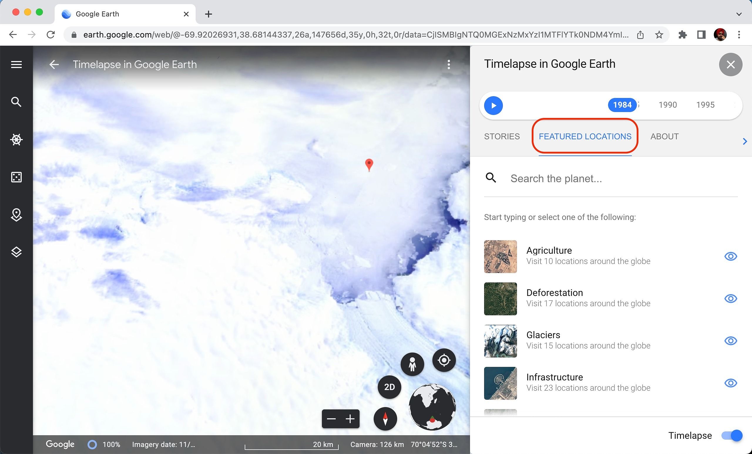 Clicando na seção Locais em destaque do aplicativo da web do Google Earth