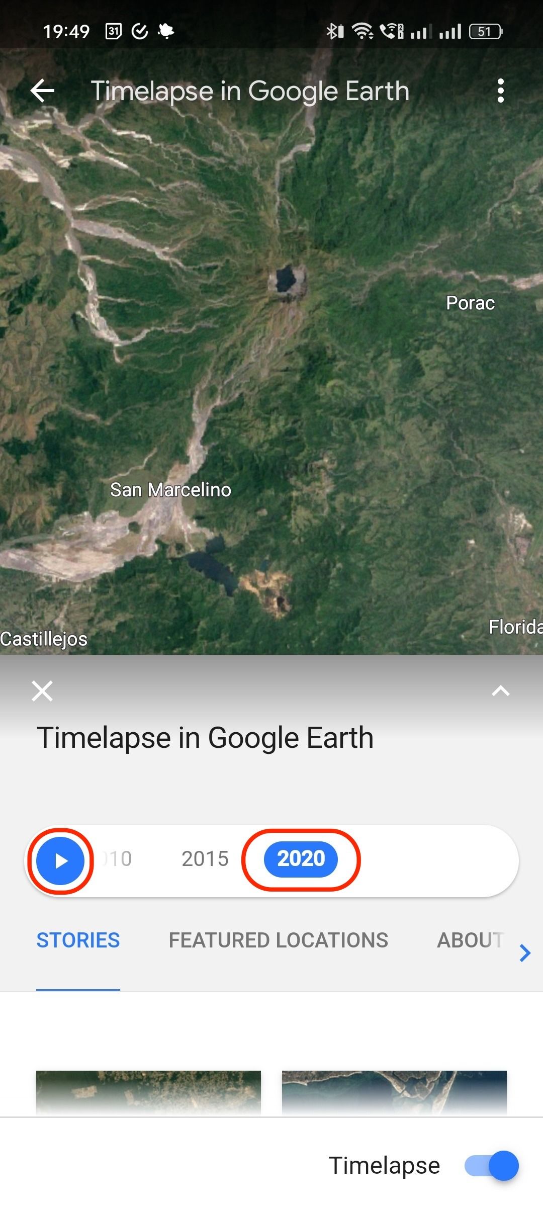 Usando o recurso Timelapse no aplicativo Google Earth para Android
