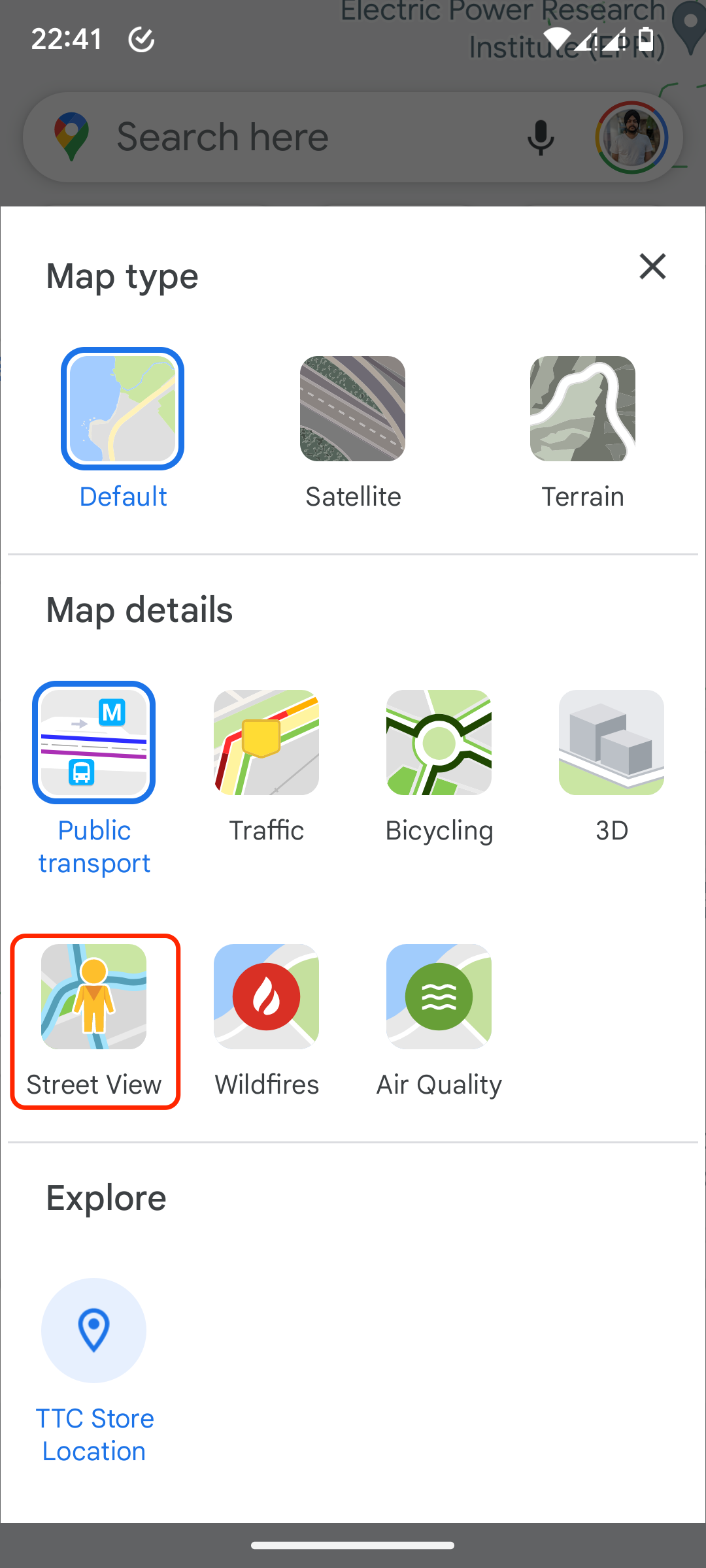 Selecionando a camada do Street View no aplicativo Google Maps para Android