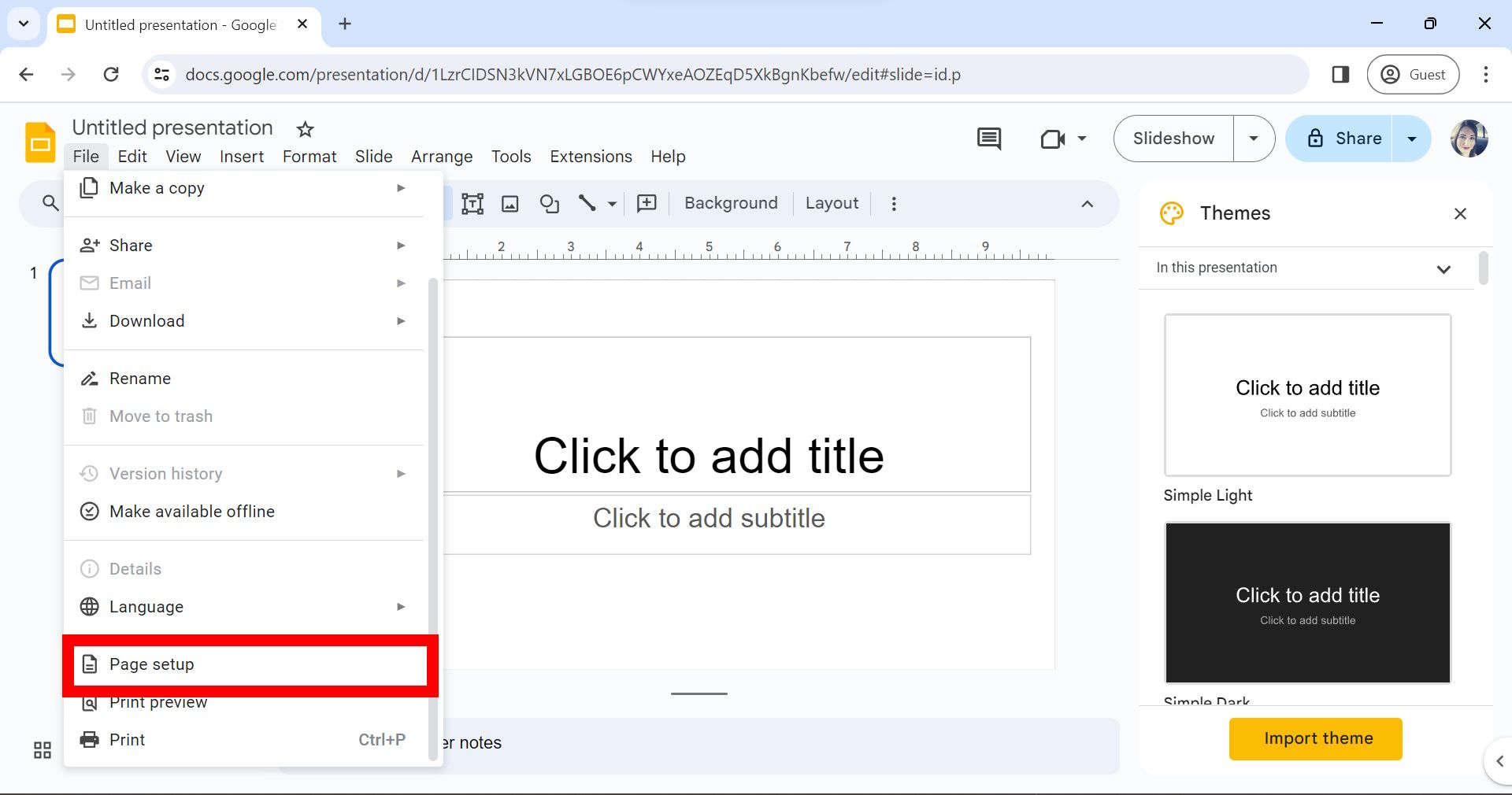 contorno de retângulo vermelho sobre a configuração da página no Google Slides