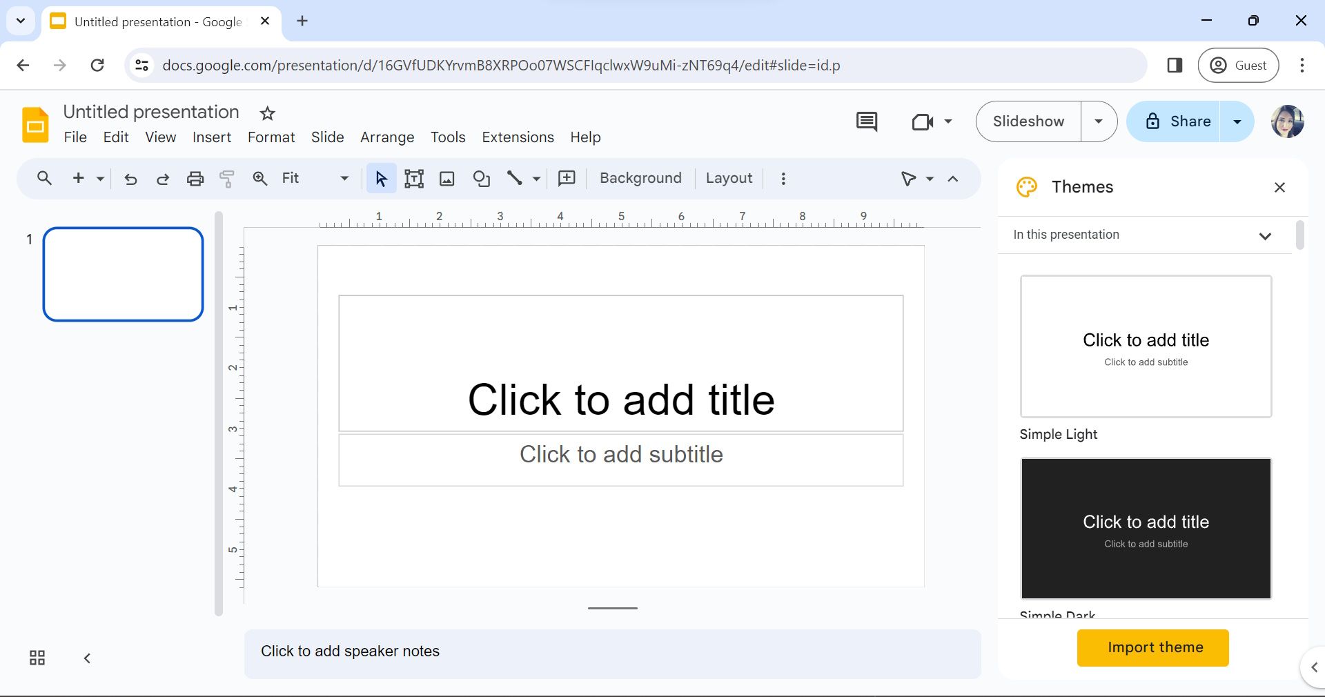 página padrão do Google Slides no carregamento