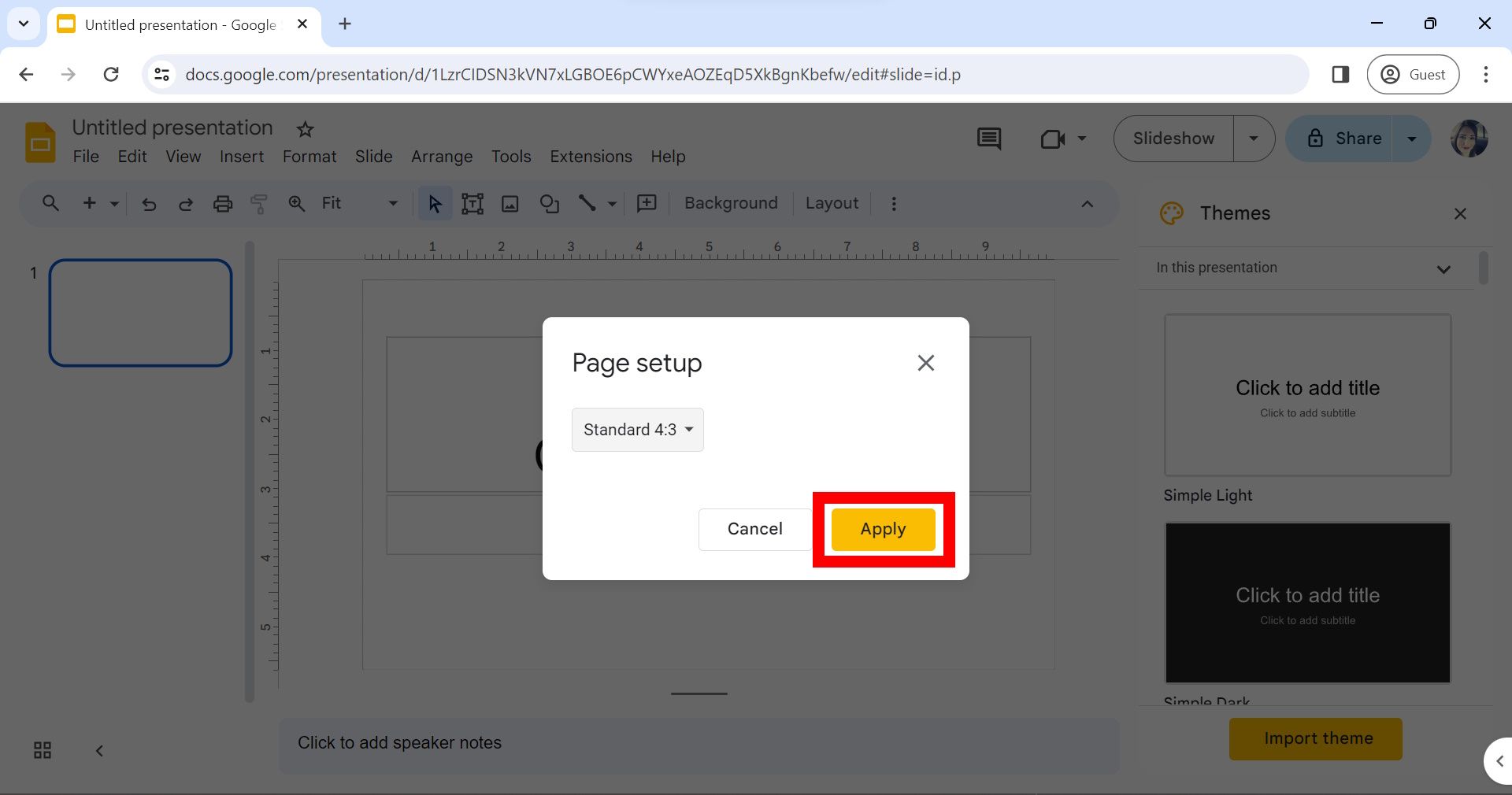 retângulo vermelho sobre o botão Aplicar na janela de configuração da página no Google Slides