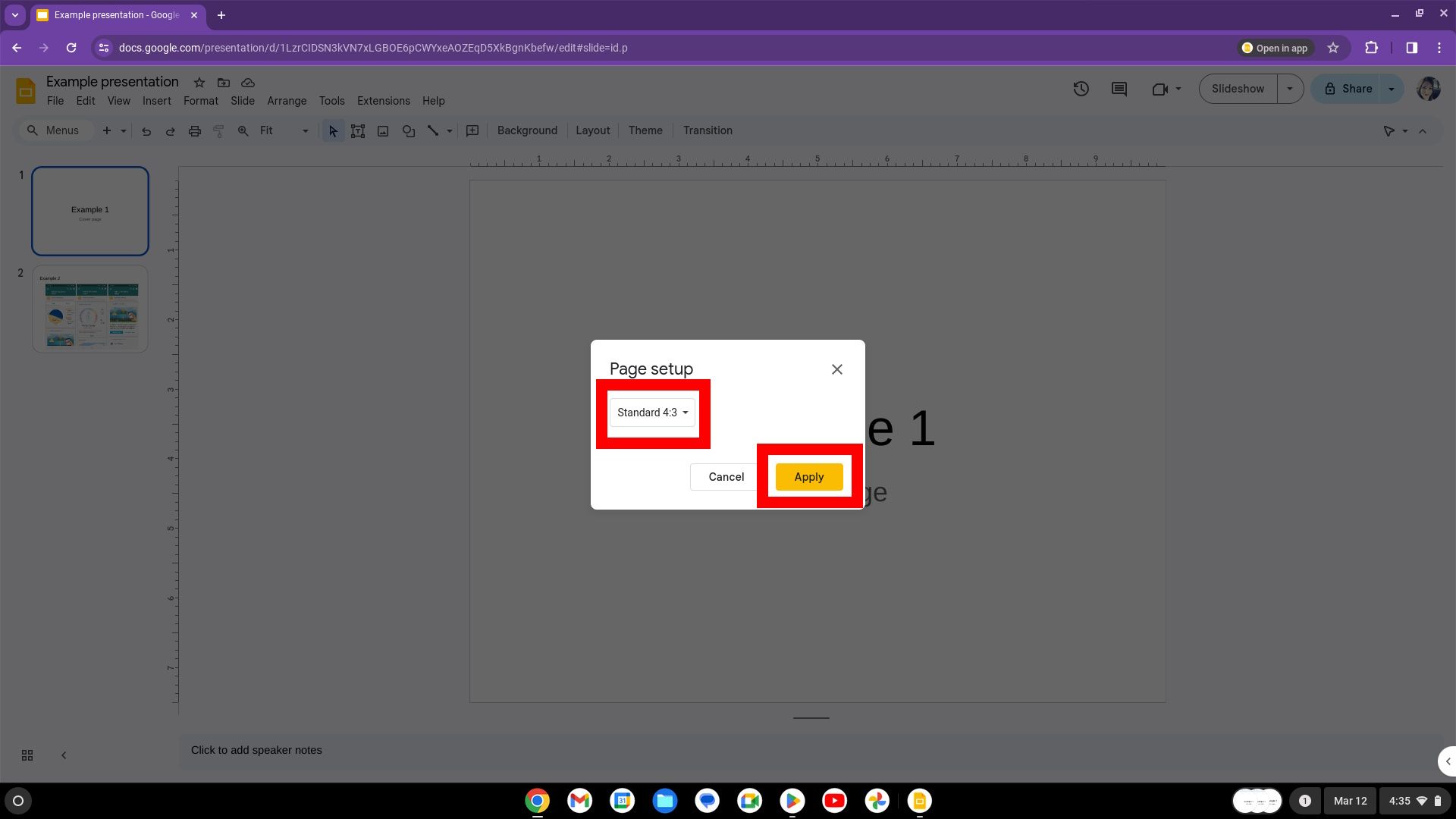 contorno de caixa vermelha sobre o menu suspenso de proporção de aspecto e outro contorno de caixa vermelha sobre o botão laranja de aplicação na configuração da página ao usar um Chromebook