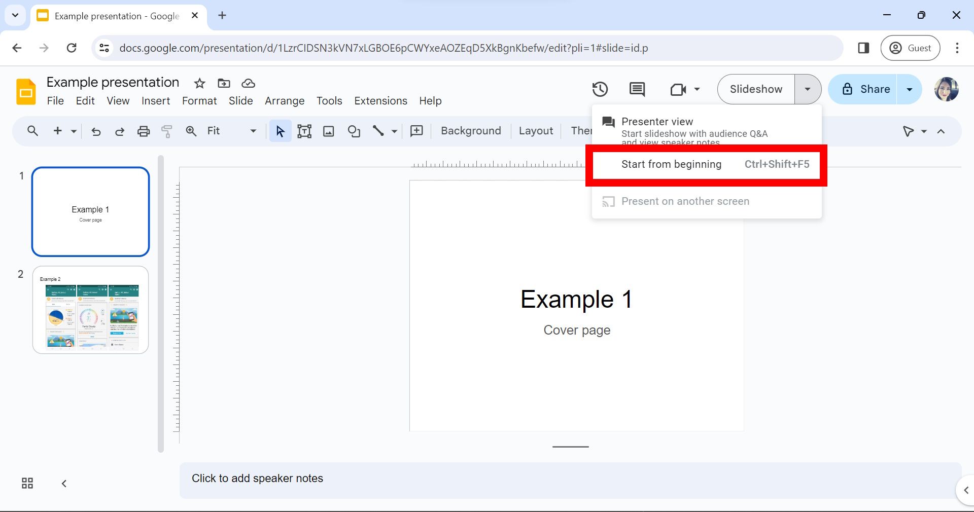 contorno de retângulo vermelho sobre a opção de início do início no Google Slides