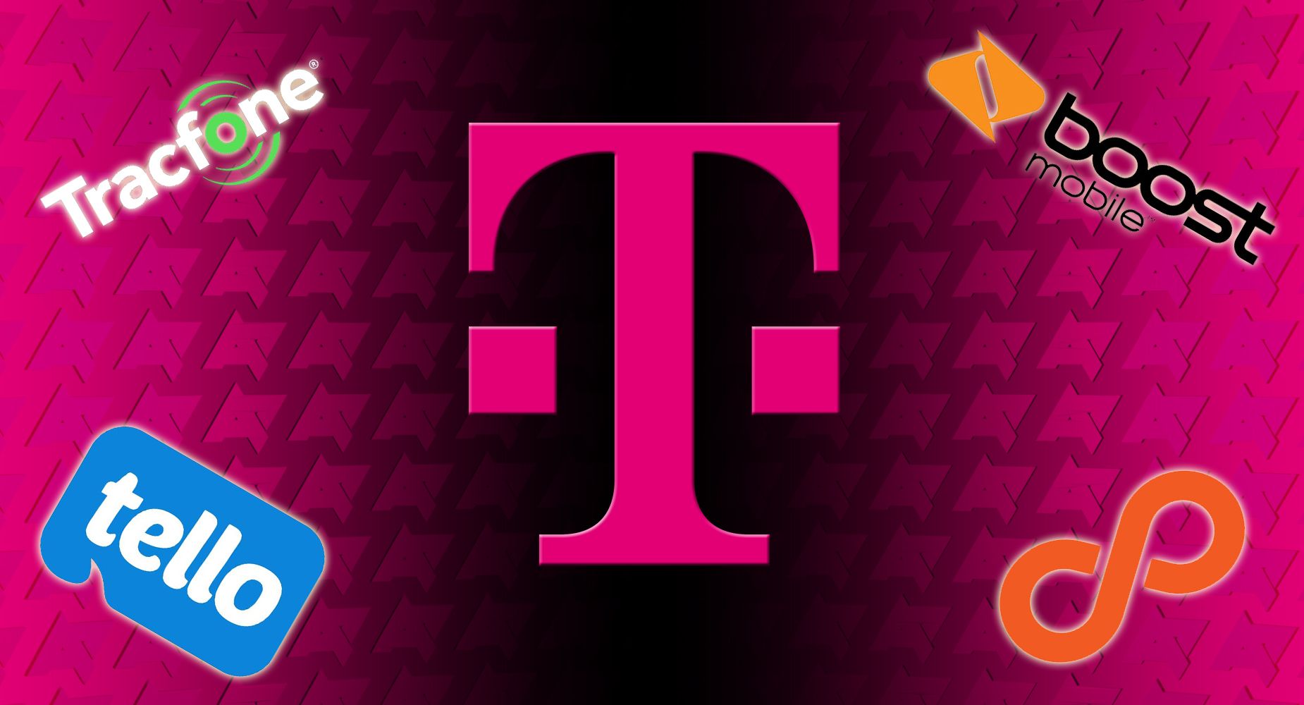 Logotipo da T-Mobile cercado pelos logotipos Tracfone, Boost Mobile, Boos Infinite e Tello, sobre um campo de logotipos AP