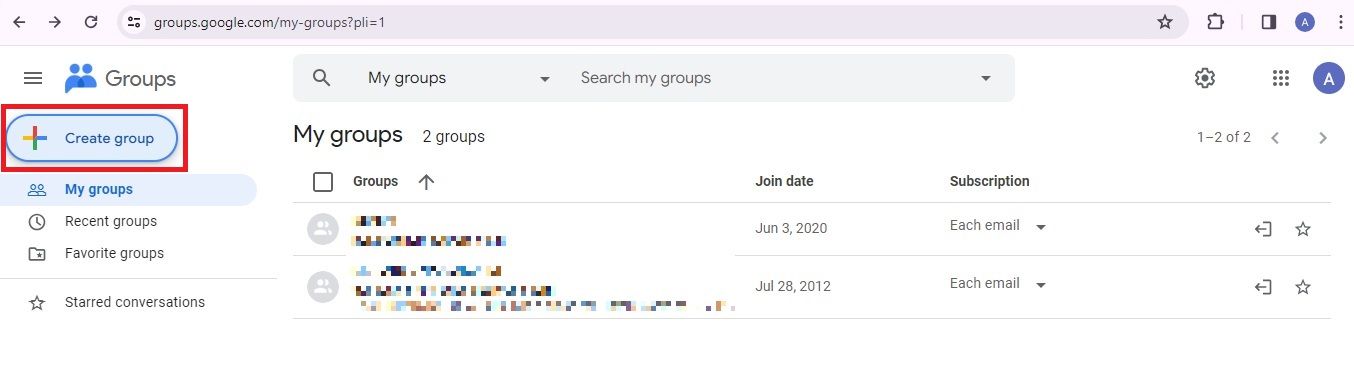Captura de tela destacando 'Criar grupo' nos Grupos do Google