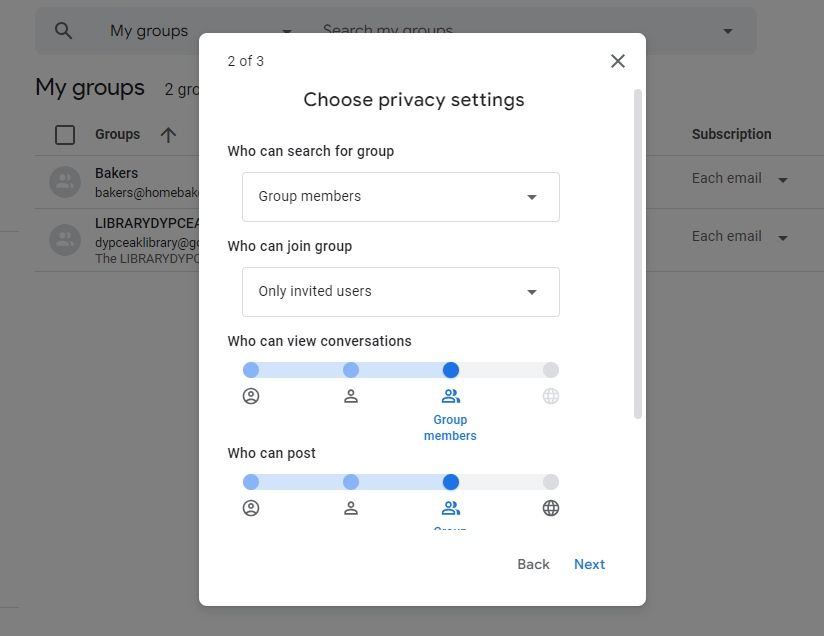 Captura de tela mostrando as configurações de privacidade nos Grupos do Google