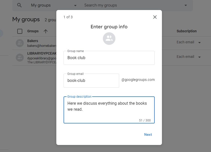 Captura de tela mostrando a janela de informações do grupo nos Grupos do Google