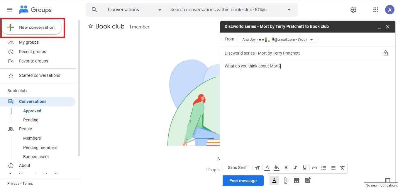 Captura de tela destacando 'Nova conversa' nos Grupos do Google