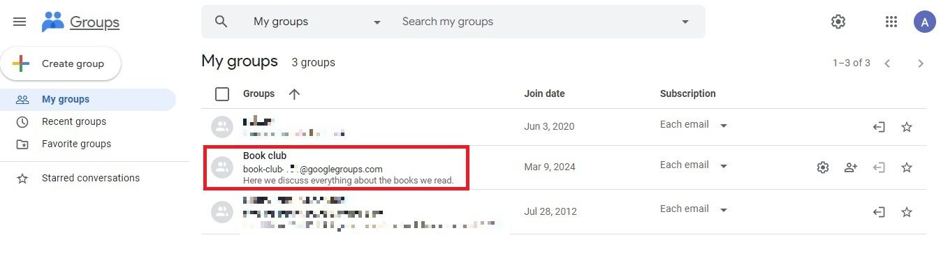 Captura de tela destacando o grupo selecionado nos Grupos do Google