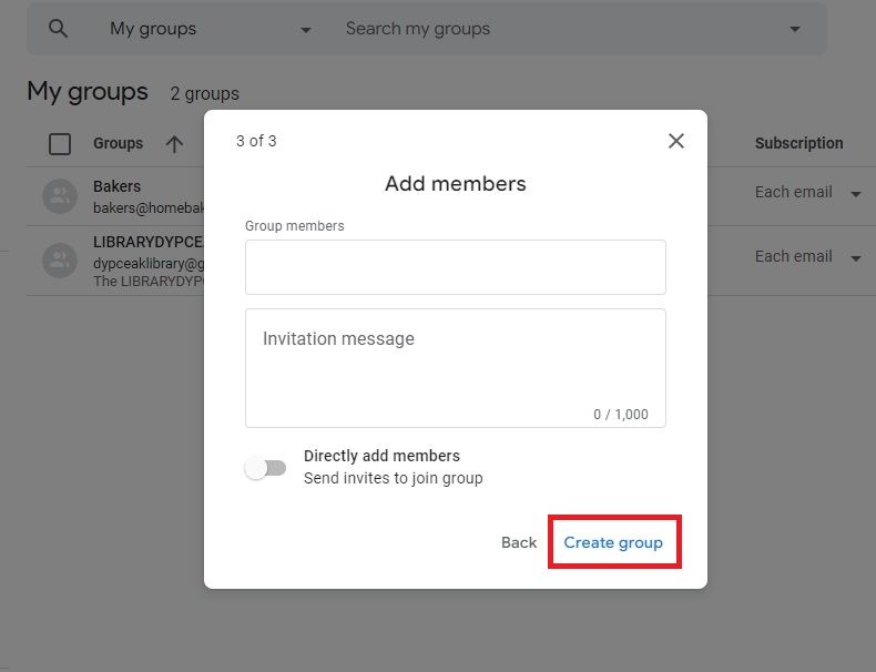 Captura de tela destacando 'Criar grupo' nos Grupos do Google