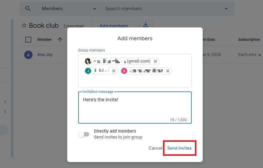 Captura de tela destacando 'Enviar convites' nos Grupos do Google