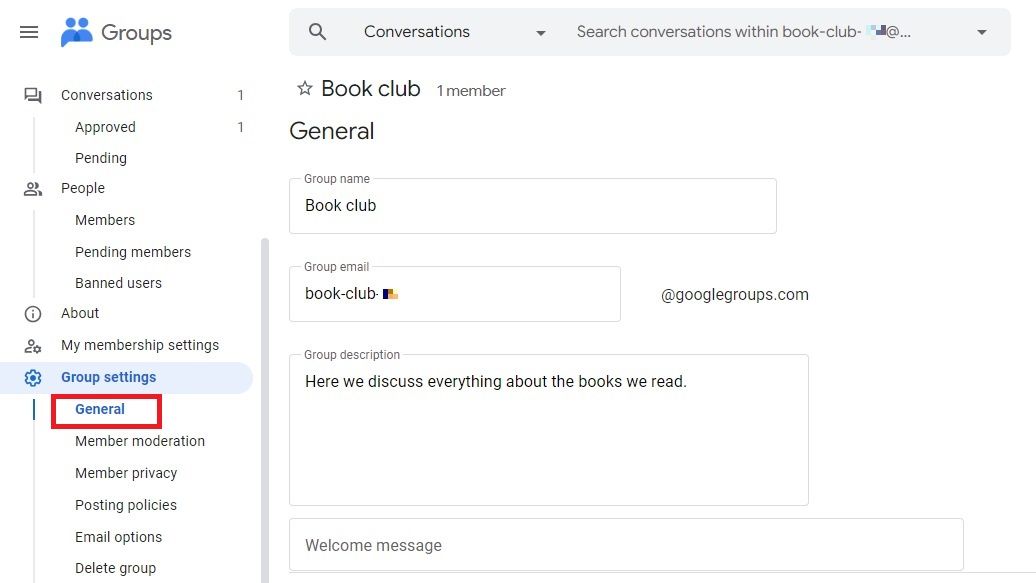 Captura de tela mostrando a opção de configurações gerais nos Grupos do Google