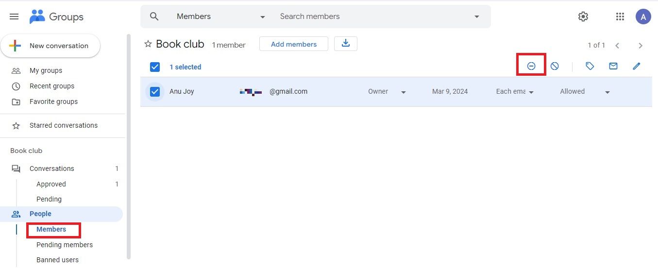 Captura de tela destacando o ícone de remoção de membro nos Grupos do Google