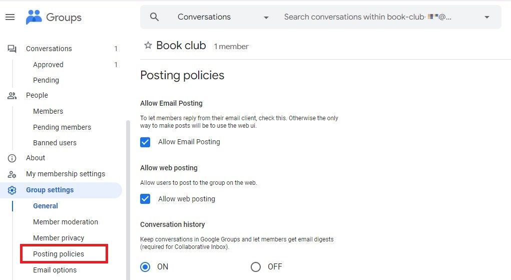 Captura de tela mostrando a opção de políticas de postagem nos Grupos do Google