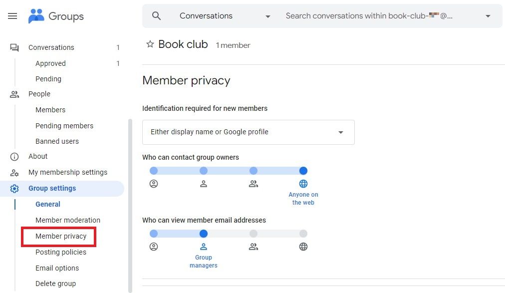 Captura de tela mostrando a opção de privacidade dos membros nos Grupos do Google