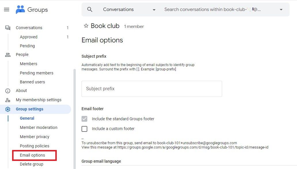 Captura de tela mostrando as opções de e-mail nos Grupos do Google