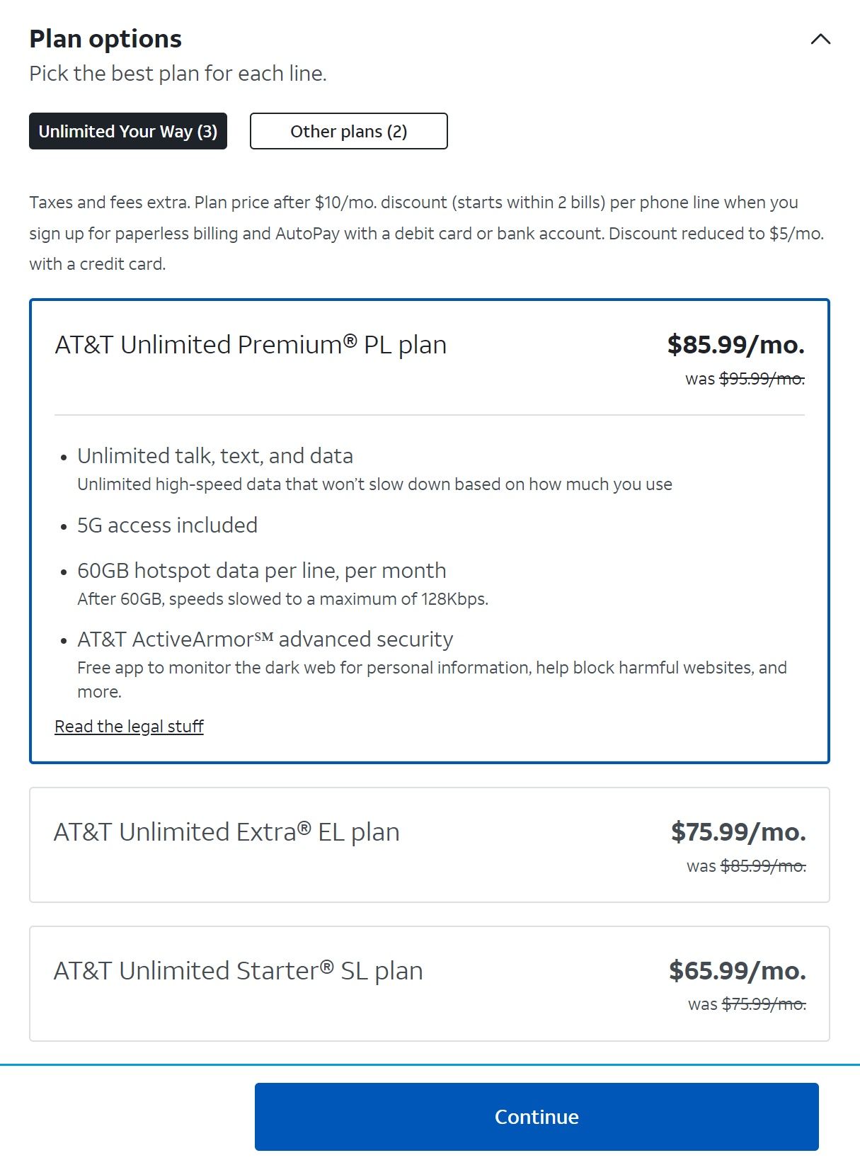 Captura de tela dos planos sem fio disponíveis da AT&T em seu site
