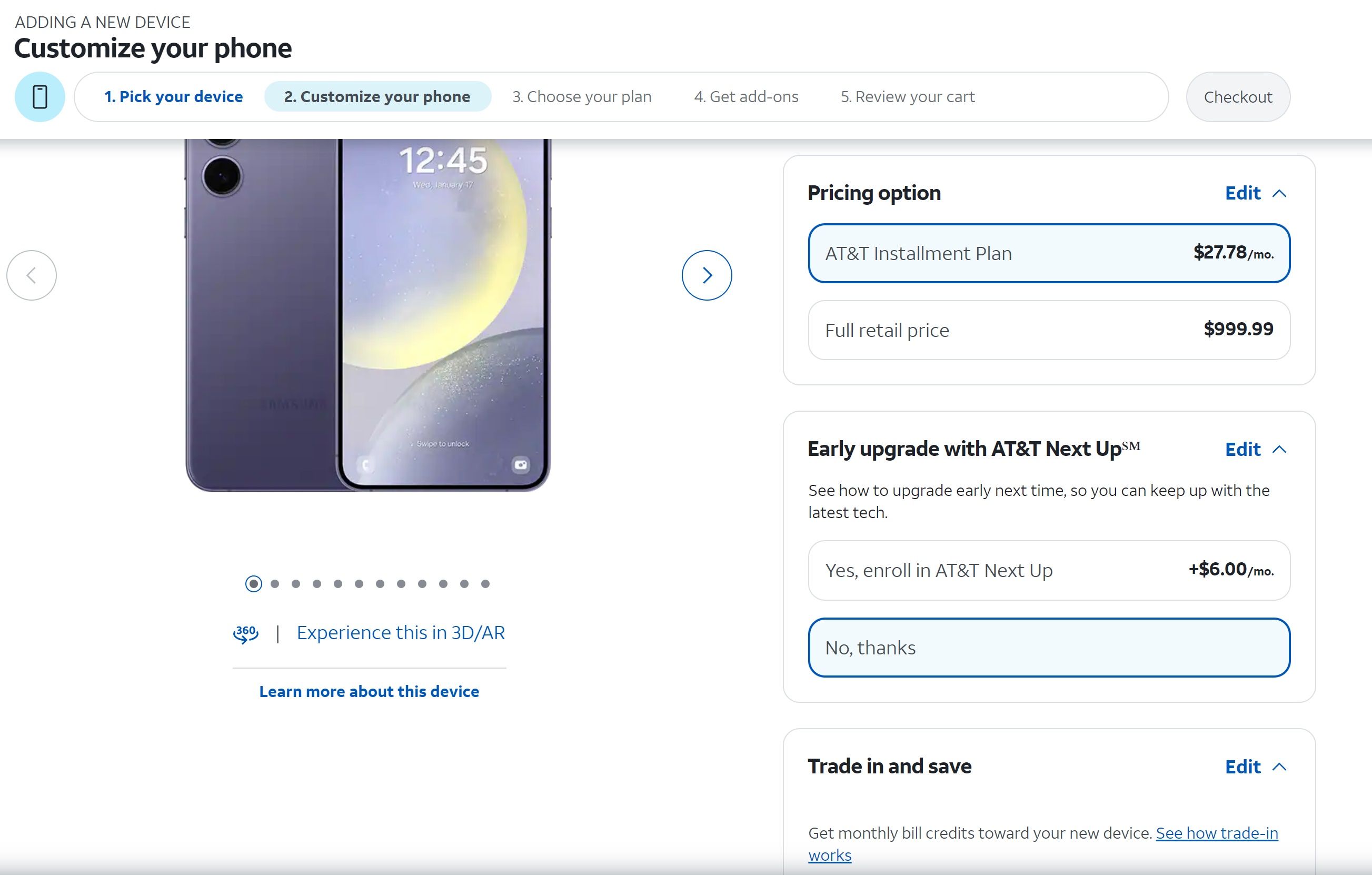 Captura de tela da tela Personalizar telefone no site da AT&T